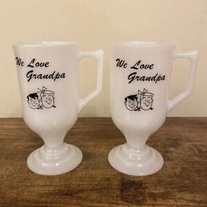 Vintage Federal Milk Glass Irish Coffee I Love Grandpa I Love Grandma Mug Set